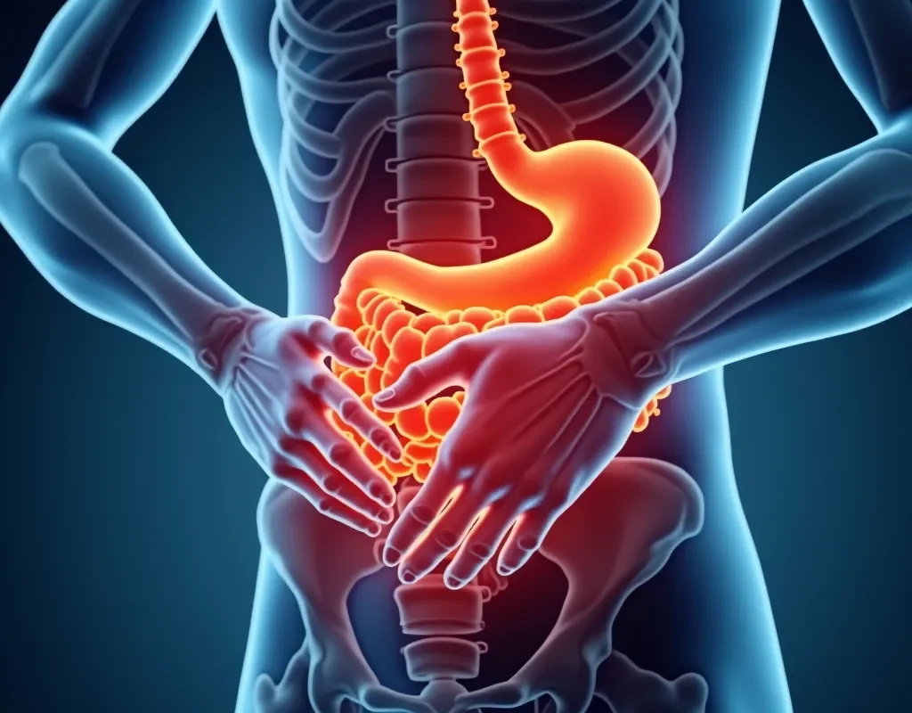 A digital illustration of a human body showing the stomach and intestines glowing in red, with hands holding the abdomen, representing abdominal pain and digestive issues.