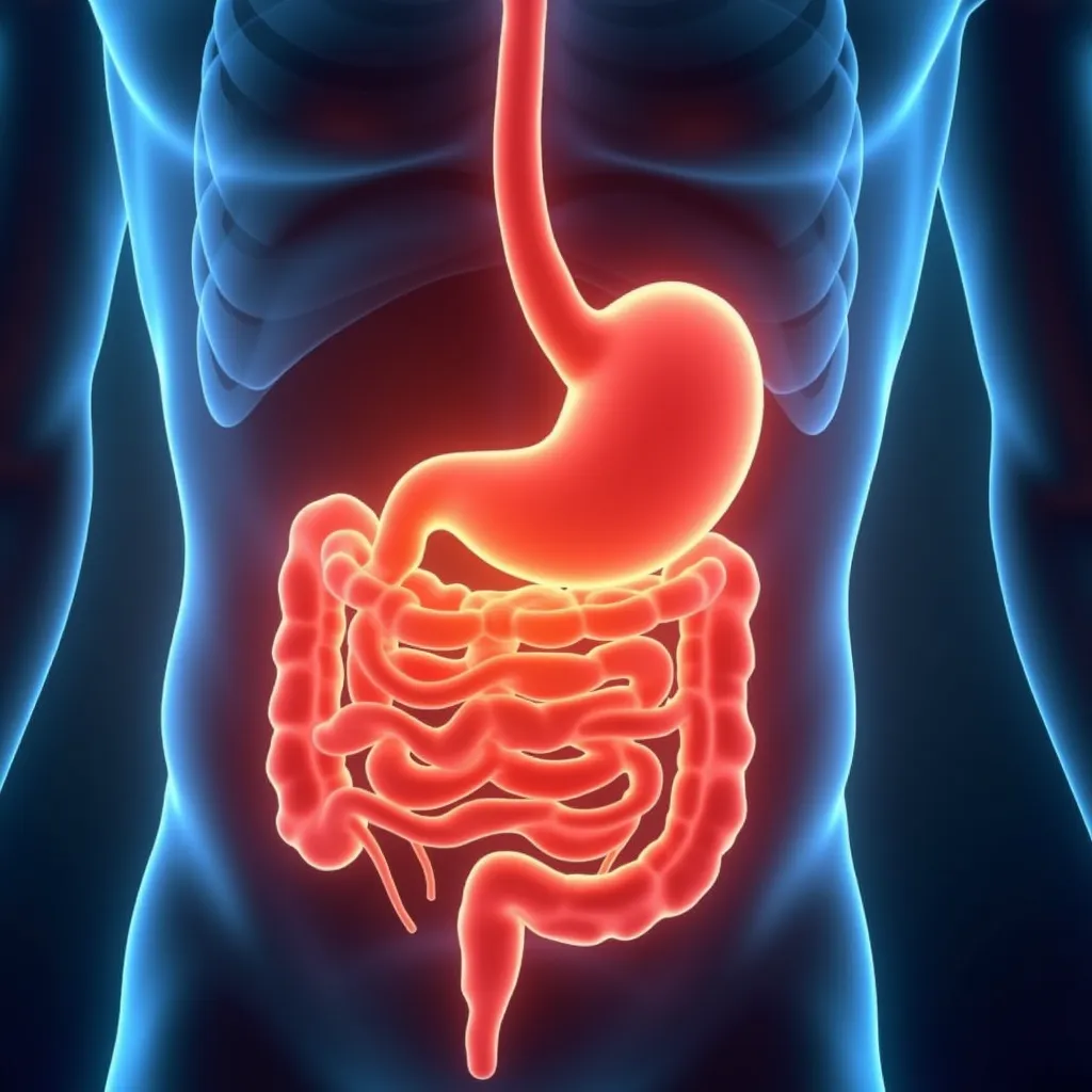 A digital illustration of the stomach and intestines highlighted in red, representing abdominal pain and digestive health.