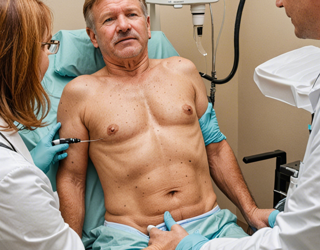 A male patient seated in a medical exam room with healthcare professionals preparing for a diagnostic procedure.