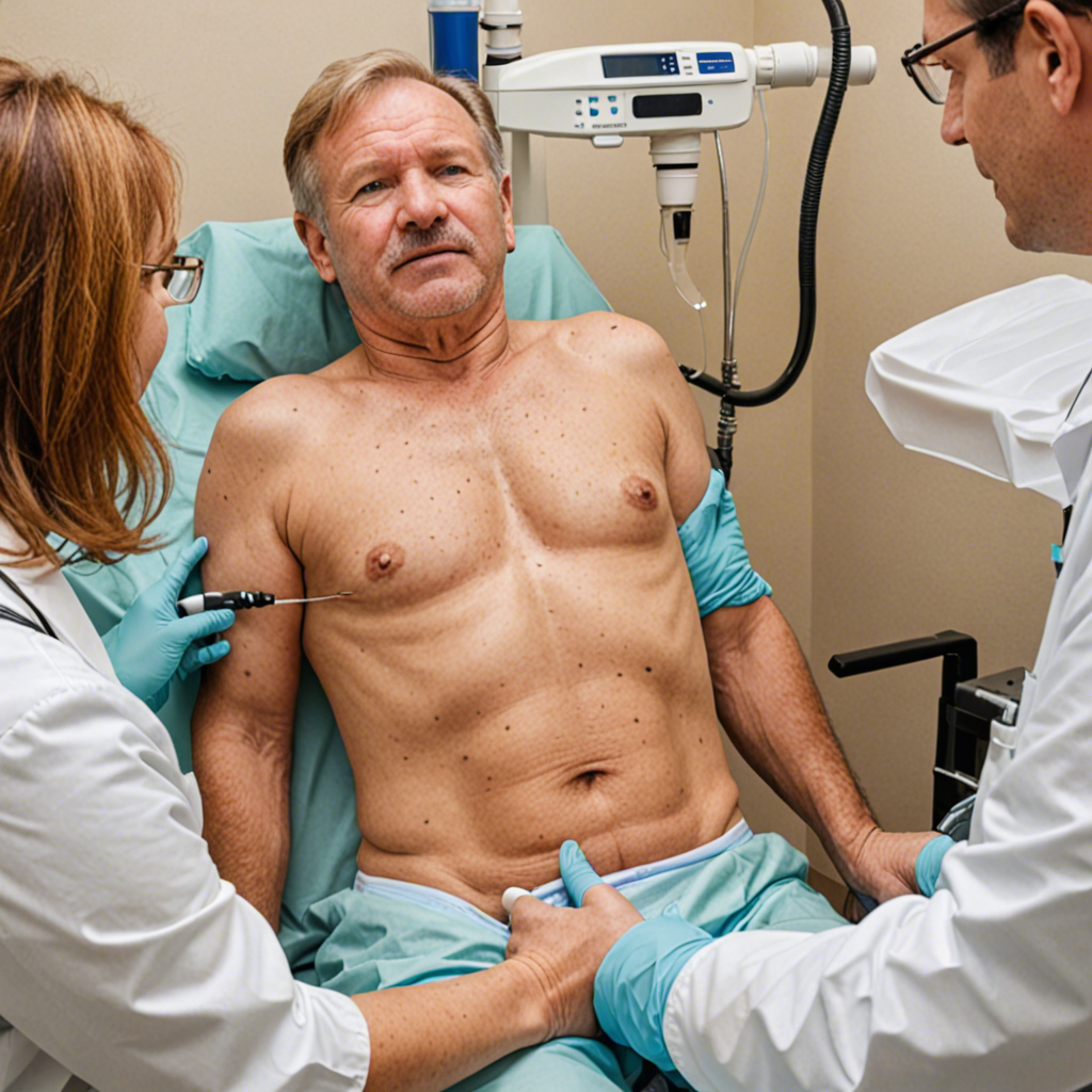 A male patient seated in a medical exam room with healthcare professionals preparing for a diagnostic procedure.