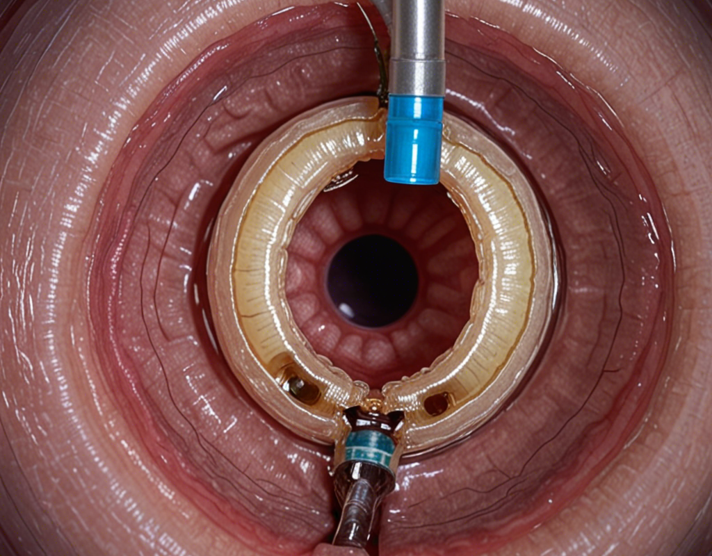 A close-up view of the esophagus and stomach with a wireless capsule endoscopy device in place, illustrating the advanced diagnostic technology used for gastrointestinal examinations.