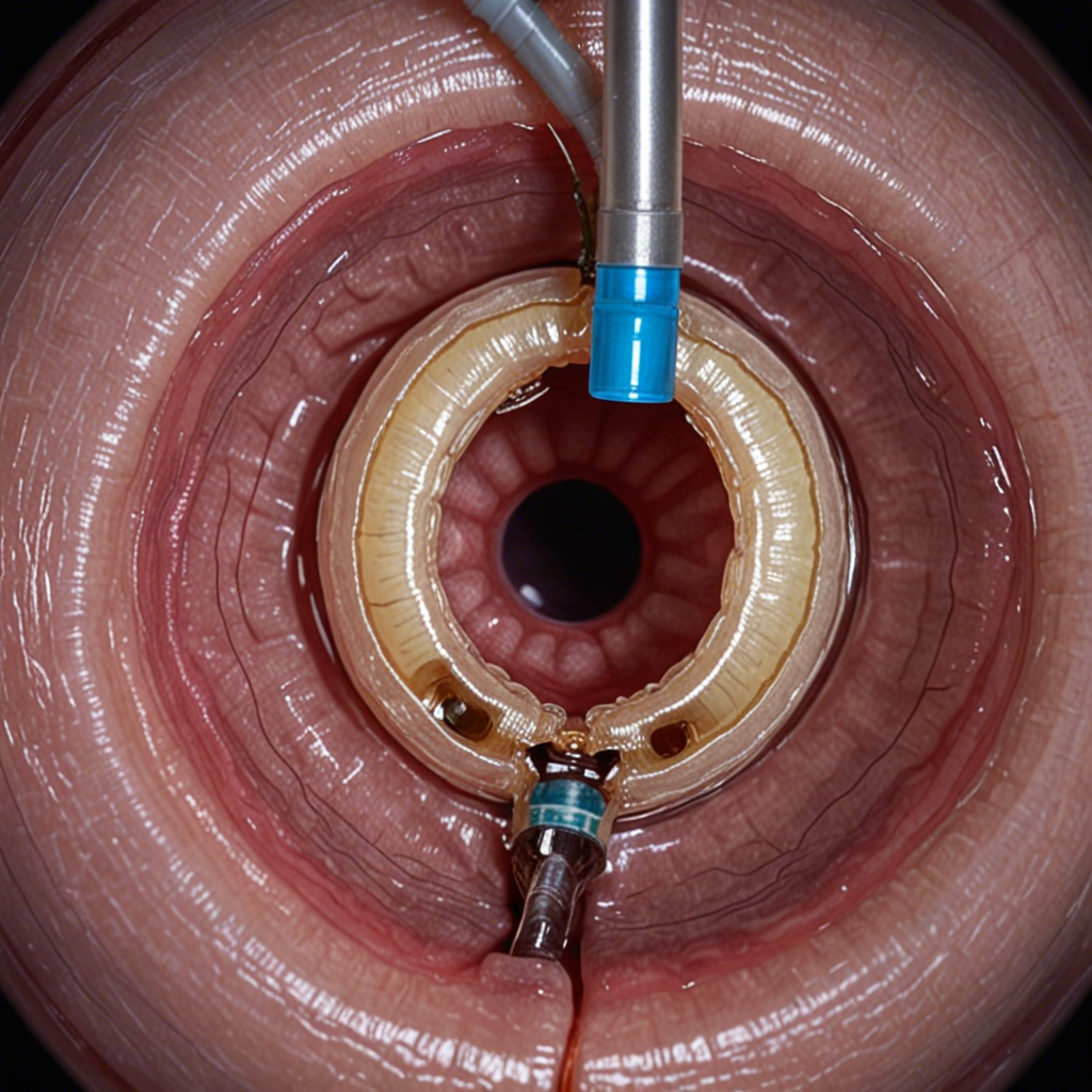 A close-up view of the esophagus and stomach with a wireless capsule endoscopy device in place, illustrating the advanced diagnostic technology used for gastrointestinal examinations.