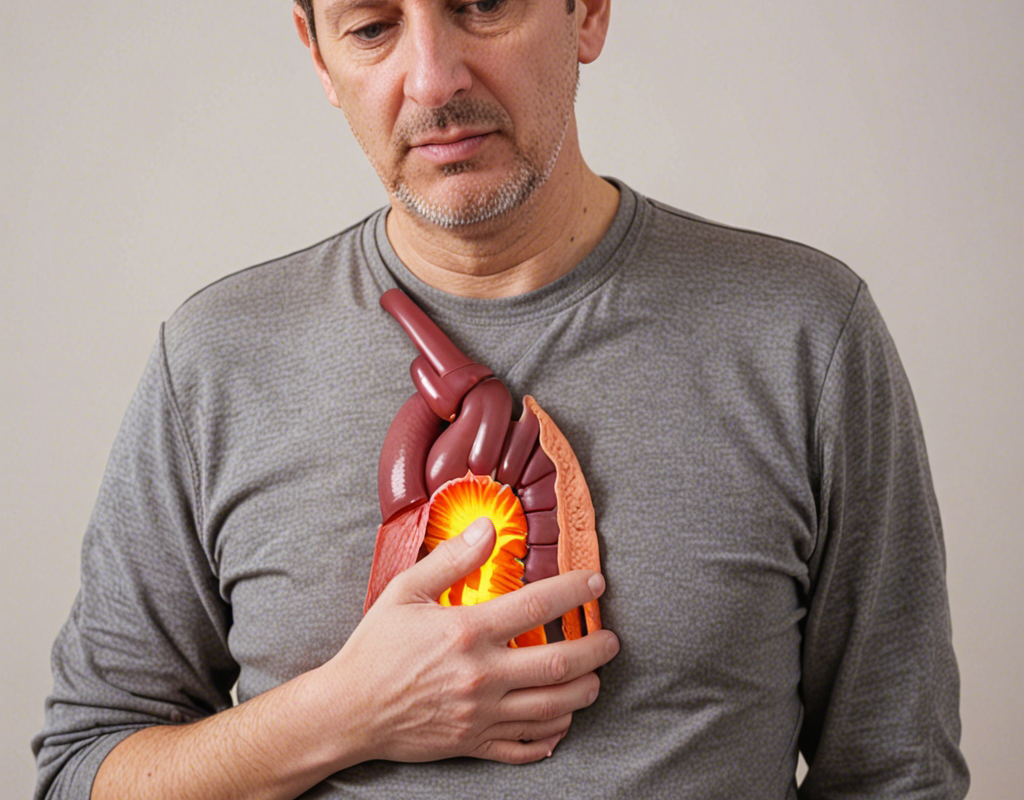 A man holding his chest with an illustration of the digestive system, highlighting the esophagus and stomach, representing GERD symptoms.