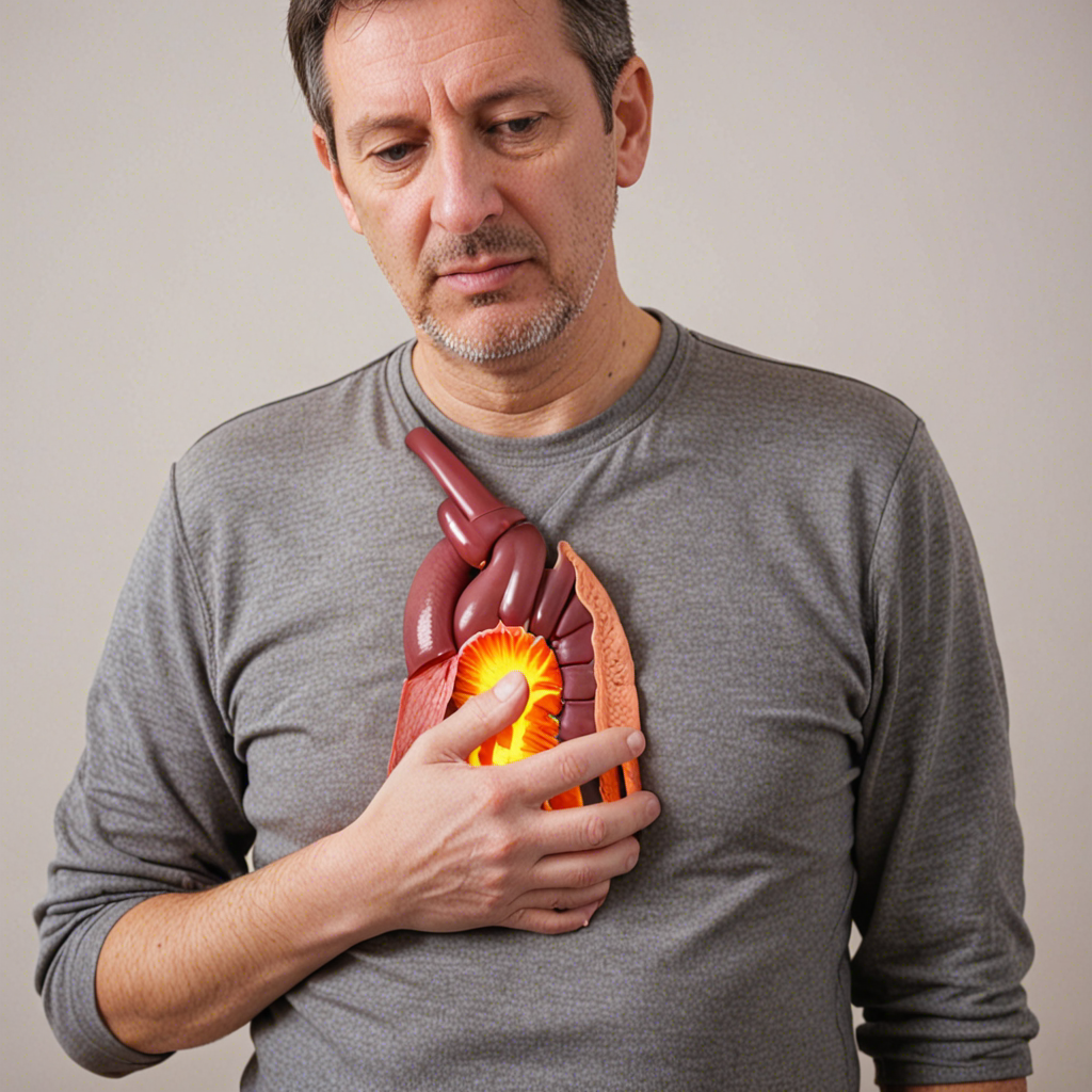 A man holding his chest with an illustration of the digestive system, highlighting the esophagus and stomach, representing GERD symptoms.