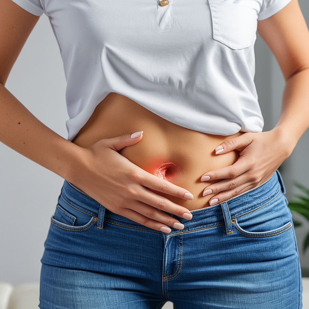 Woman holding her stomach in pain from an ulcer.