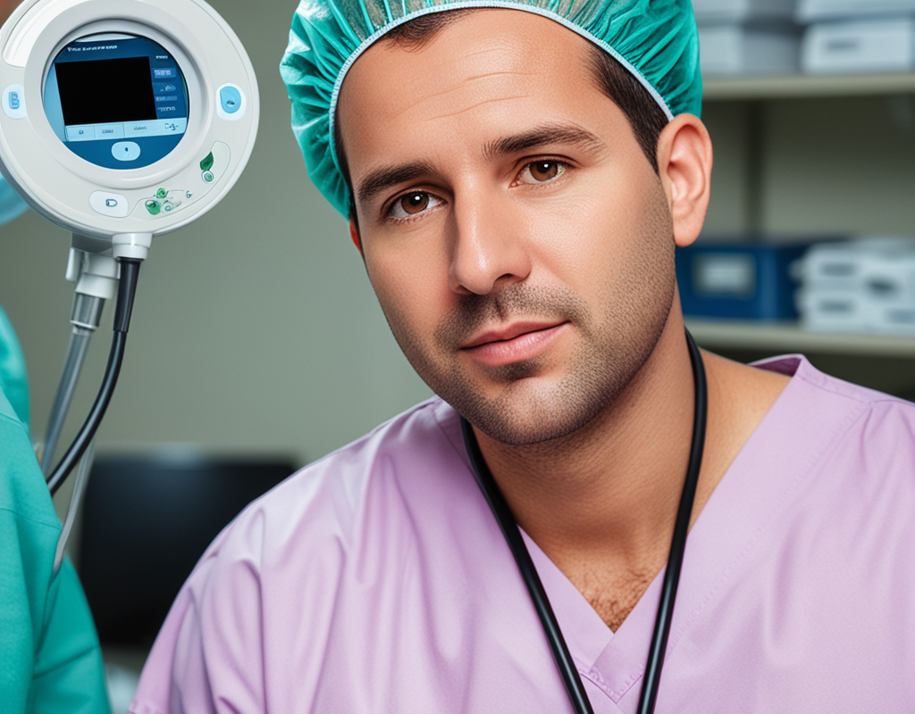 Male nurse in an operating room wearing a hair net and gown, with an endoscopy and gastroscopy machine in the background.