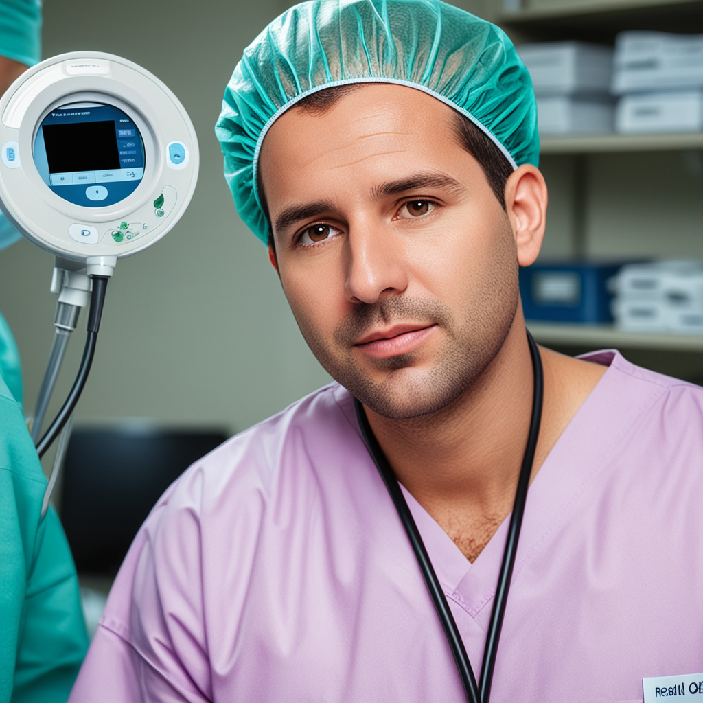 Male nurse in an operating room wearing a hair net and gown, with an endoscopy and gastroscopy machine in the background.