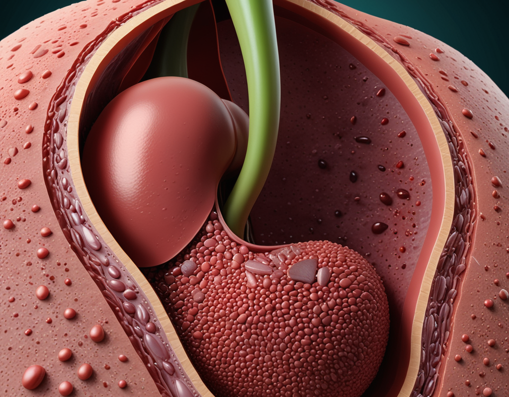 An illustration of an inflamed gallbladder, showing bile ducts and small gallstones, often associated with GERD symptoms.