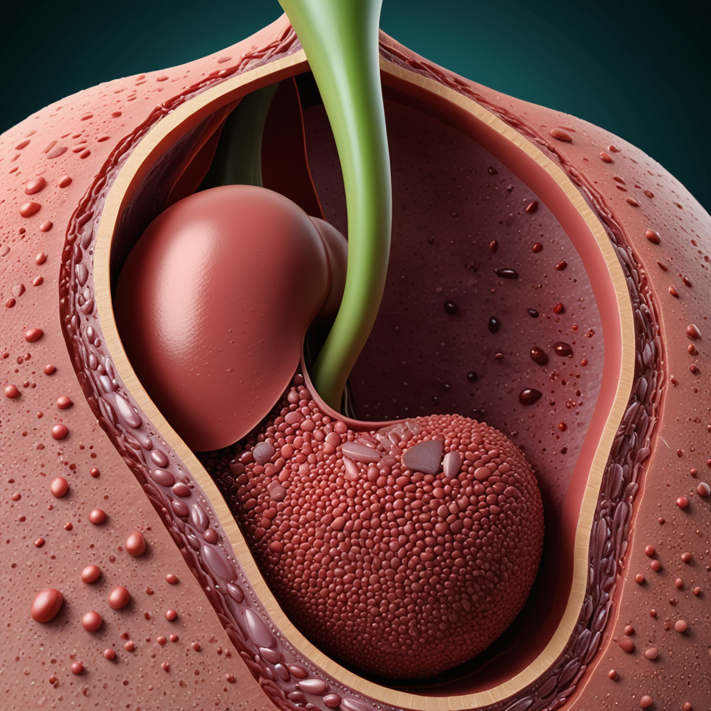 An illustration of an inflamed gallbladder, showing bile ducts and small gallstones, often associated with GERD symptoms.